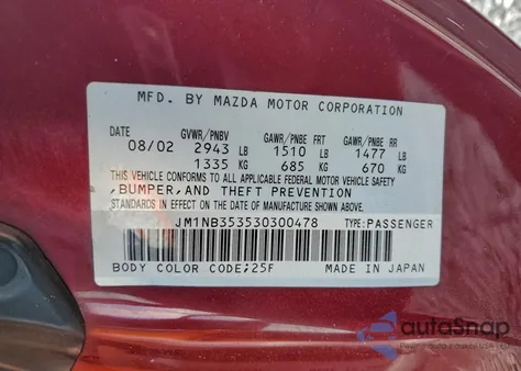 2003 Mazda Mx-5 Miata Base z USA, uszkodzony, nr VIN JM1NB353530300478